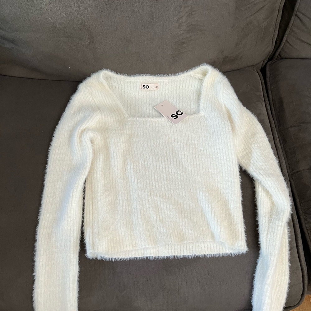 SO White Fuzzy Crew Neck Sweater